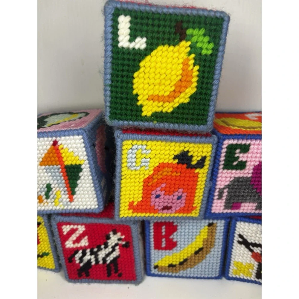 8 Vintage Crochet Granny Square‎ ABC Blocks Alphabet Pictures Letters Bells